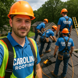 Photo of a local Carolina roofing team on a jobsite, clearly branded, with safety gear and equipment visible.
