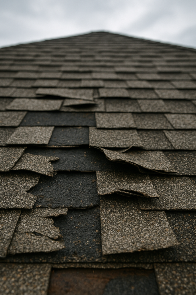 A close-up of storm-damaged shingles (missing and curled), taken from a ground-level perspective to show what homeowners might notice during a basic inspection.