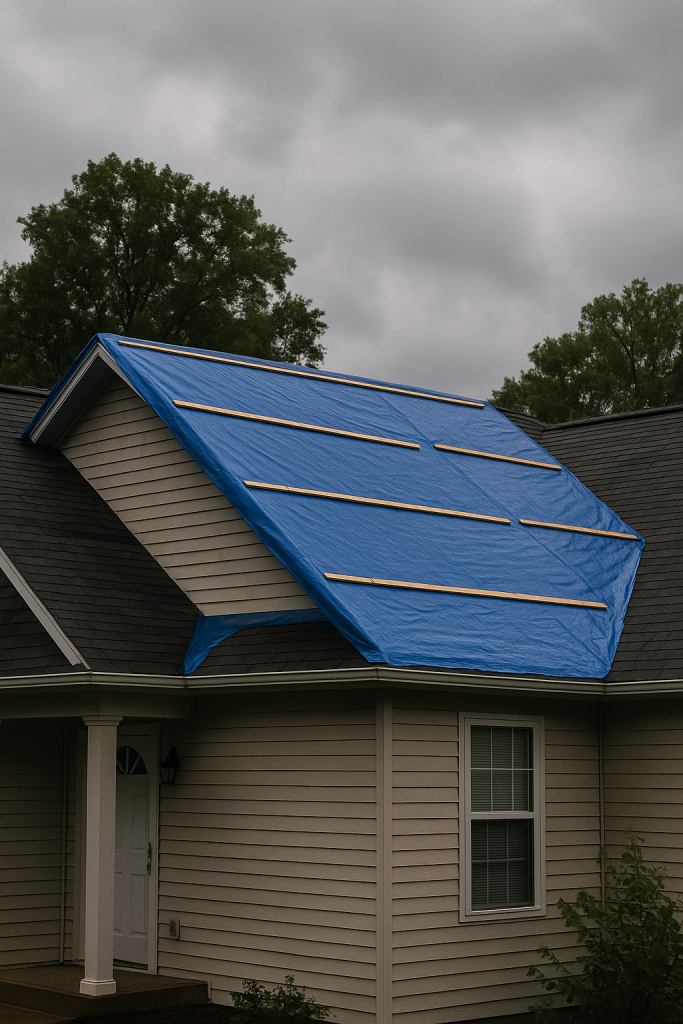 An image showing a professionally tarped roof after a storm, highlighting safe and temporary storm response.